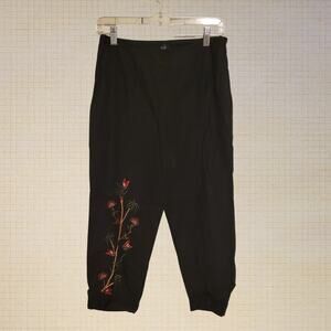 High Waisted Black Linen Rayon Ankle Pants Embroidered Bamboo Floral